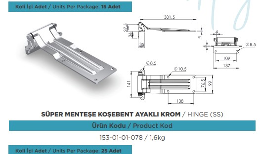 KAPALI KASA ARKA KAPAK SUPER MENTESE KOSEBENT AYAKLI KROM 10,5 MM DELIKLI